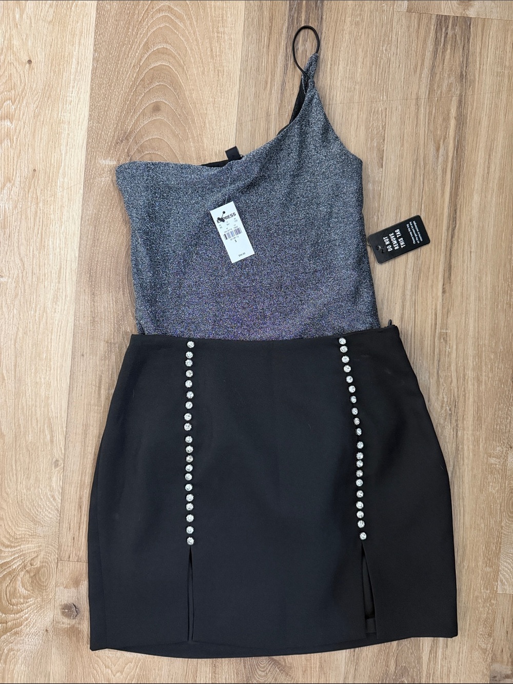 Lulu's Silver Metallic One-Shoulder Top with Black Embellished Mini Skirt